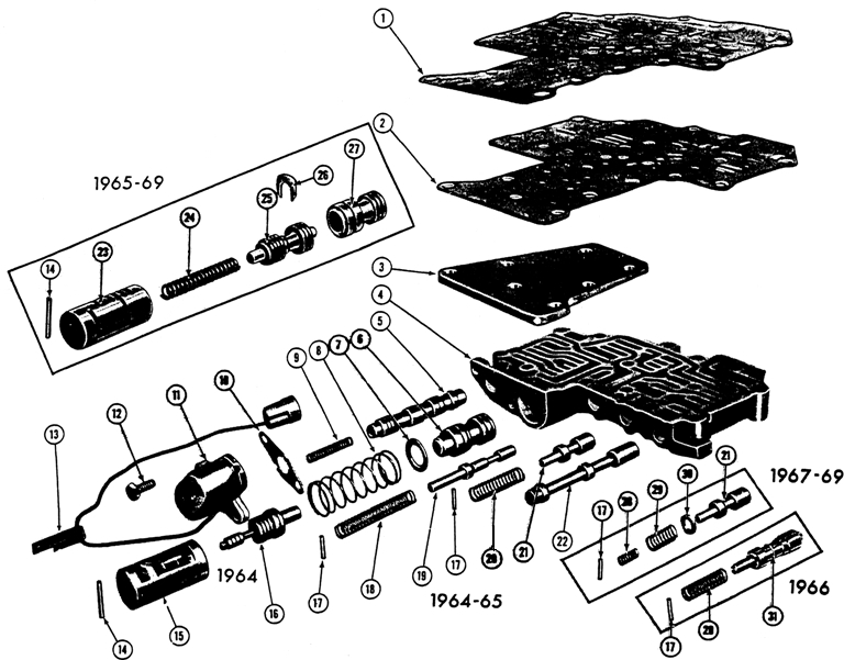 1967-68 Firebird 6 cyl. VALVE BODY Exploded View