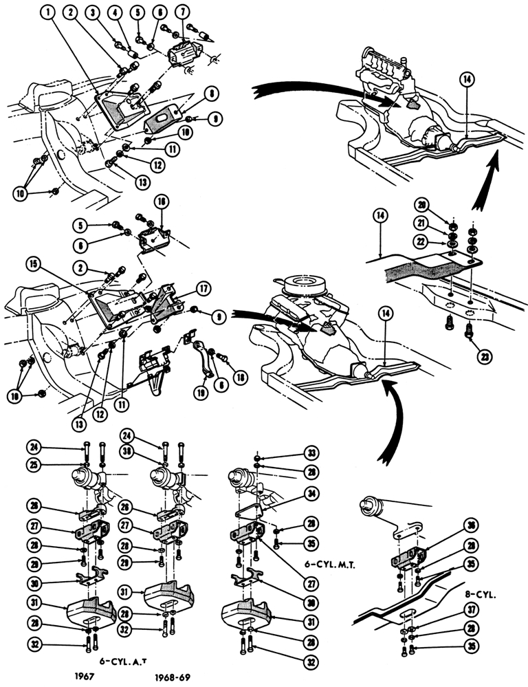 1967-69 Firebird Engine & Transmission Mounting Exploded View