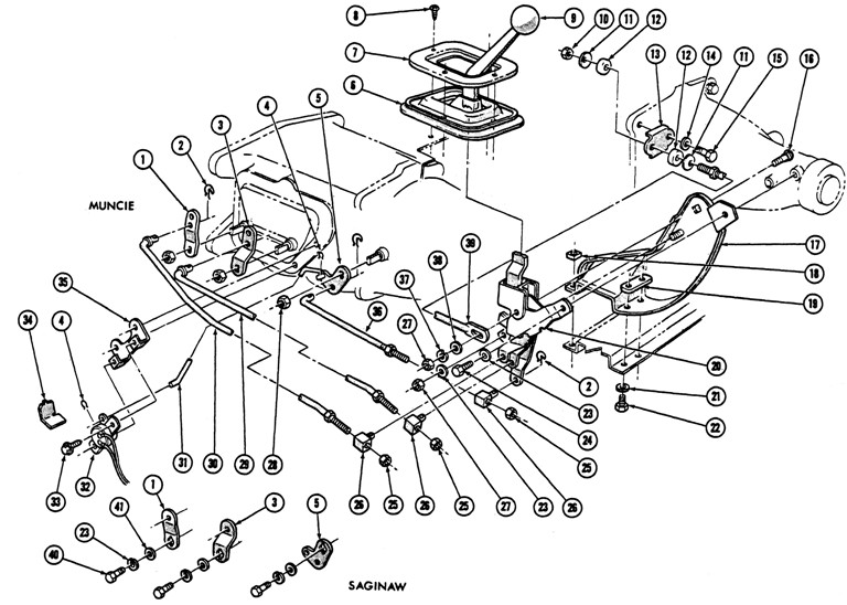 1967 Firebird 4 spd. Floor Shift Controls Exploded View