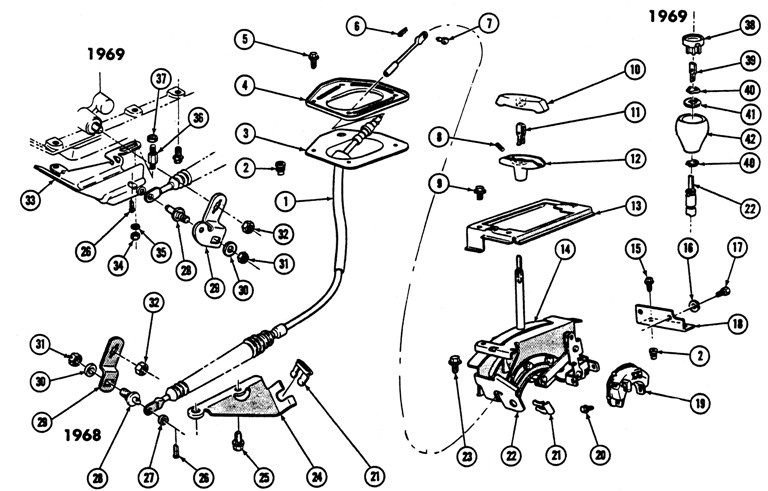 1968-69 Firebird A.T. & H.M.T. Console Shift Control Exploded View