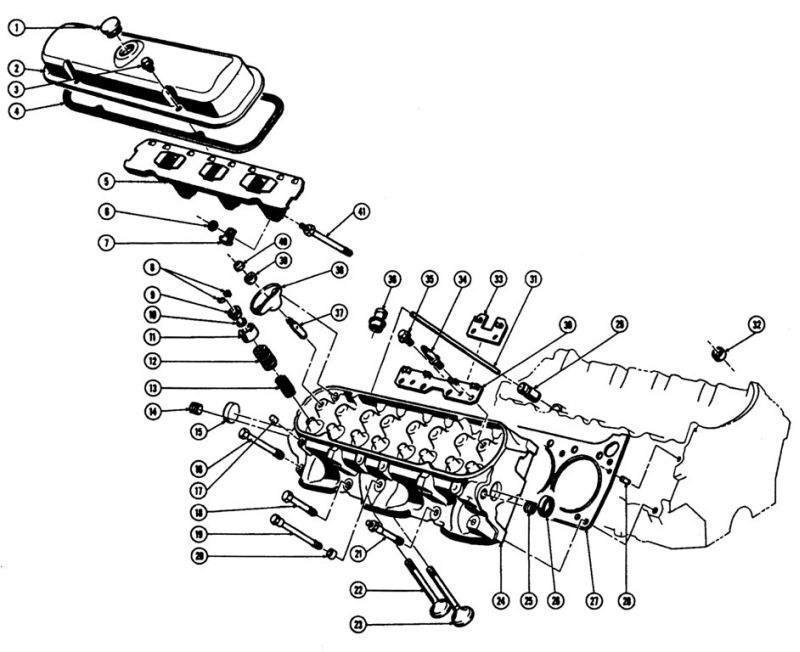 1967-75 V8 CYLINDER HEAD (EXC. 1975 "X" ) Exploded View