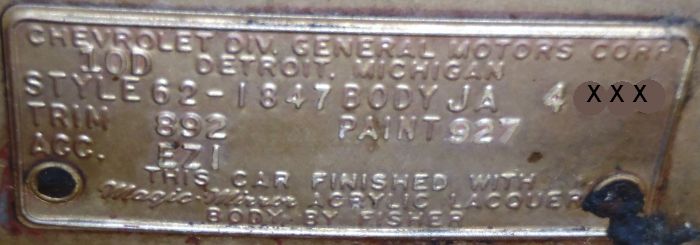 1962 Body Data Plate