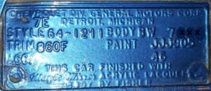 1964 Chevy Body Data Plate