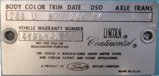 1964 Lincoln Body Data Plate