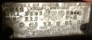 1964 Oldsmobile Body Data Plate