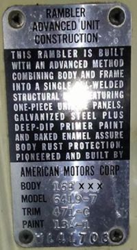 1964 America Motors Body Data Plate