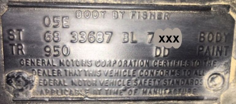 1968 Oldsmobile Body Data Plate
