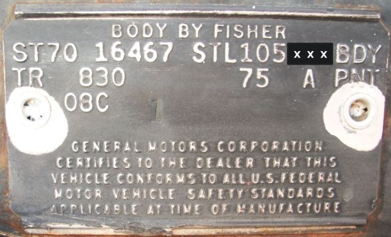 1970 Chevy Body Data Plate