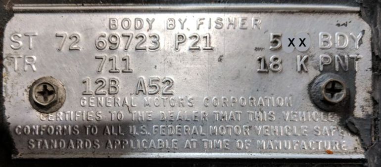 1972 Cadillac Body Data Plate