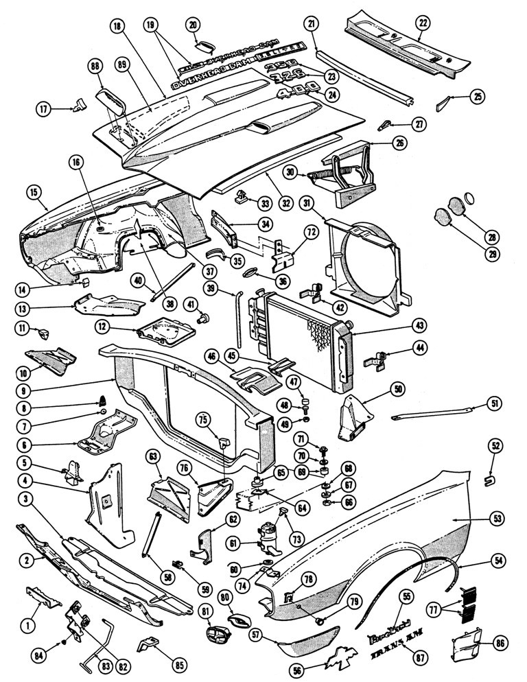 1967 68 Firebird Front Sheet Metal Illustrated Parts Break Down