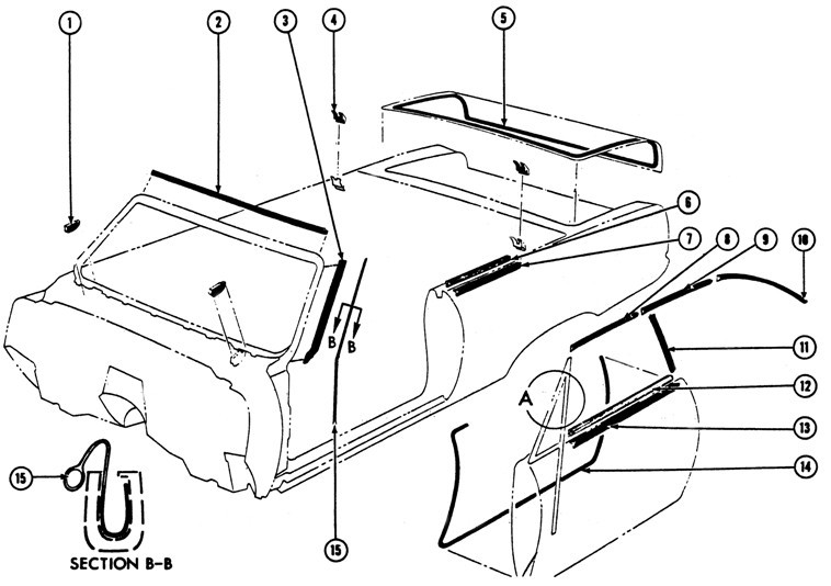 1967-69 Firebird Convertible Weather-stripping Exploded View