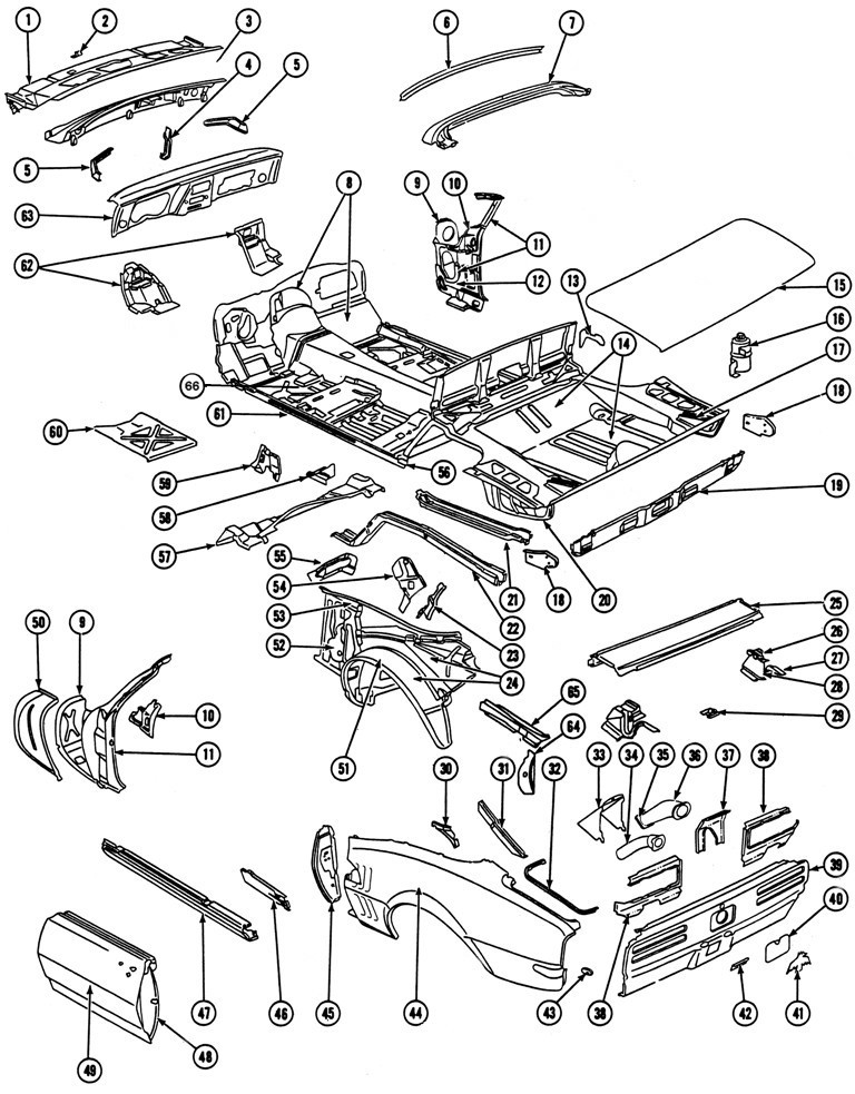 1967-69 Firebird Convertible Body Sheet Metal Exploded View