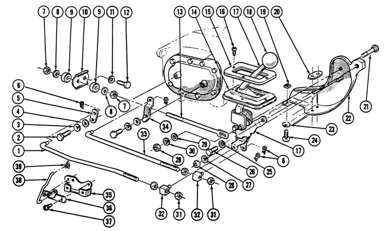 1967 Firebird 3 spd. Floor Shift Exploded View