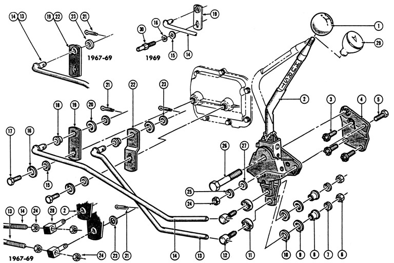 1968-69 Firebird 3 spd. Floor Shift Controls Exploded View