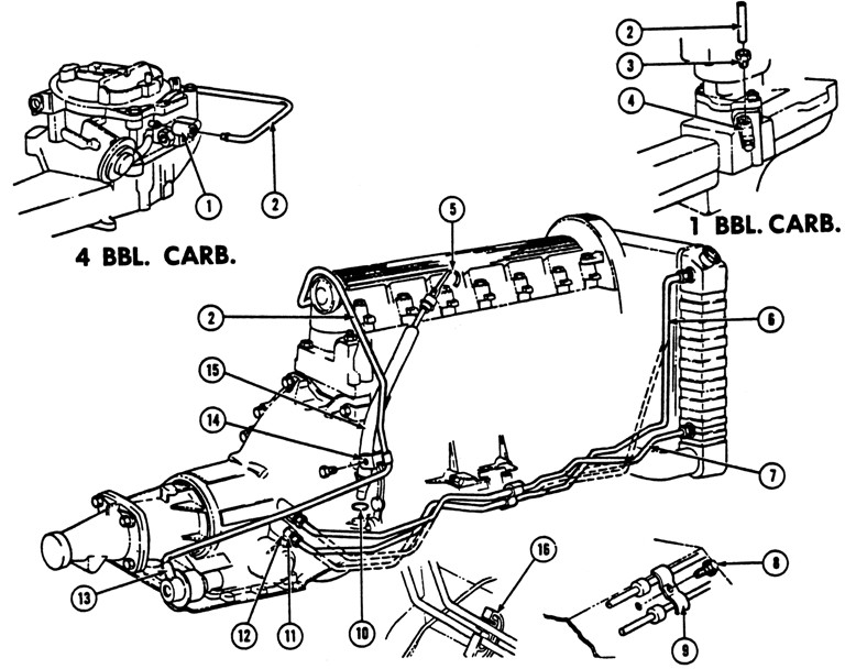 1968-69 Tempest & Firebrd 6-cyl. Oil Cooler, Oil Filler & Vacuum Pipes Exploded View