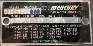 1960 Mercury Body Data Plate