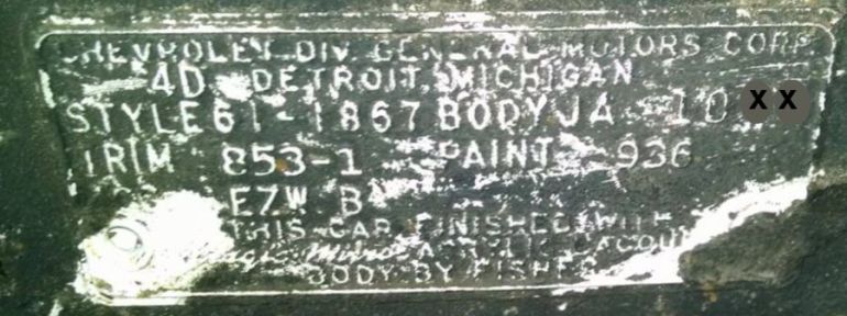 1961 Chevy Body Data Plate