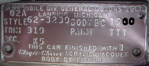 1962 oldsmobile body Plate