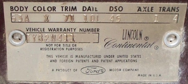 1963 Lincoln body plate