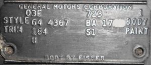 1964 Buick Body Data Plate