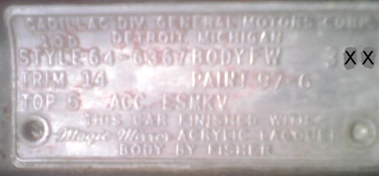 64 Cadillac Body Plate
