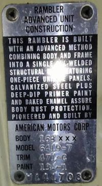 1964 America Motors Body Data Plate