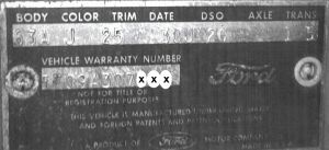 1965 Ford Body Data Plate