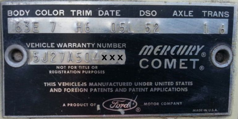 1965 Mercury Body Data Plate