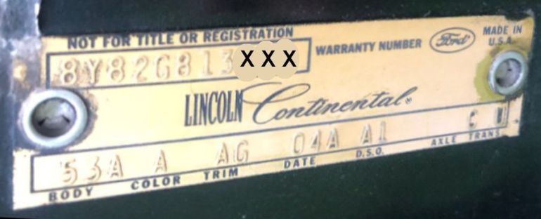 1968 Loncoln Body Data Plate