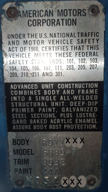 1968 American Motors Body Data Plate