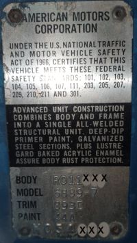 1968 American Motors Body Data plate