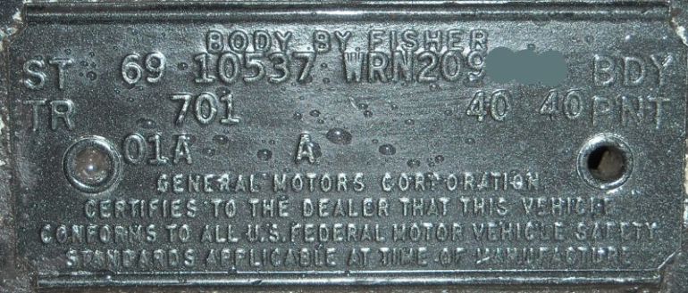 69 chevy Covair body plate