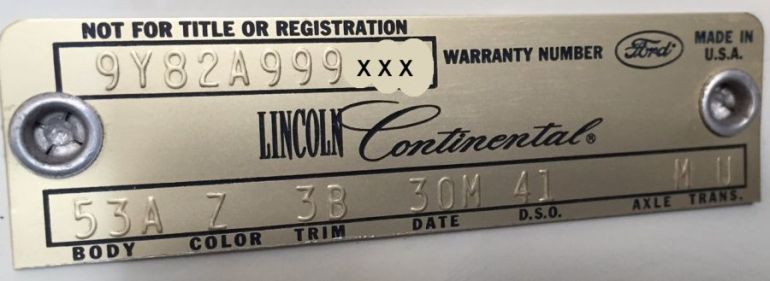 1969 Lincoln Body Data Plate