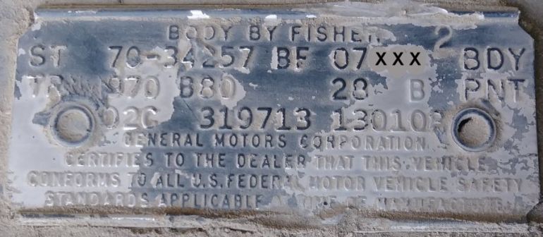 1970 Oldsmobile Body Data Plate