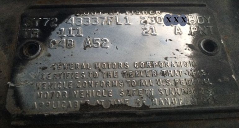 1972 Buick Body Data Plate