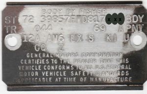 1972 Oldsmobile Body Data Plate